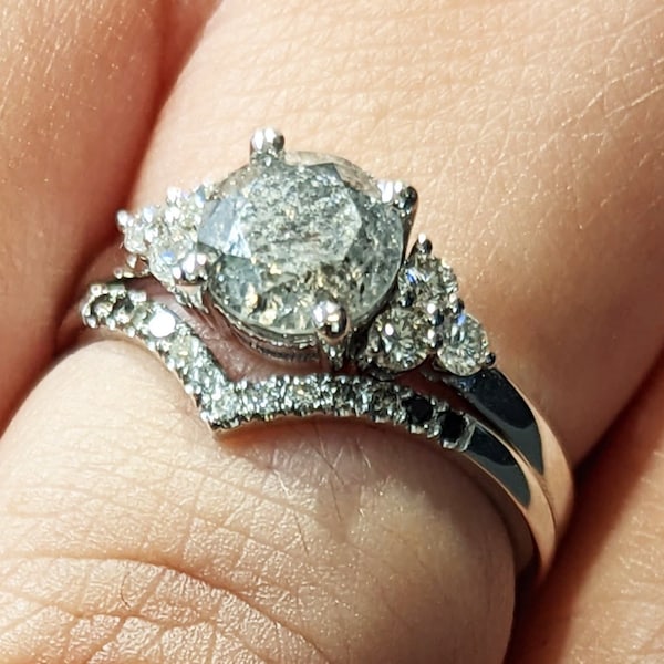 Unique Galaxy Round Cut Salt and Pepper Engagement Ring Set, Seven Stone Ring, Jewelry Gift For Women, Special Design Real Gold Ring For Her