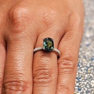 Bague unique en son genre avec saphir du Montana, bague en diamants saphir bleu, bague de fiançailles en saphir bleu d&#39;inspiration vintage, sarcelle verte en or 14 carats