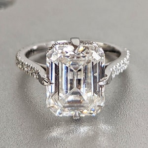 Gold Emerald Cut Solitaire Engagement Ring 14K/ 18K Gold, Platinum Engagement Ring, Hidden Halo, Moissanite Diamond Ring, Diamond Simulant