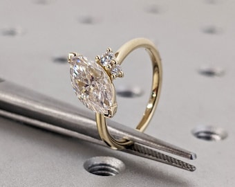 Asymmetrical Marquise Engagement Ring, Marquise Lab Diamond Engagement Ring, Cluster Wedding Ring, Trellis Anniversary Ring, 14K Solid Gold