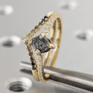Raw Black Diamond Ring Salt and Pepper Diamond Engagement Ring Unique Bridal Set