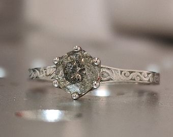 Raw Salt and Pepper Diamond Rose Platinum /White /Yellow Gold Engagement Ring Art Deco 1920's Inspired Thin Petite Band 18k Unique Ring