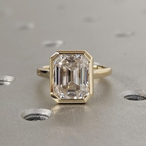 3CT Emerald Cut Lab Grown Diamond Solitaire Ring, 14K Yellow Gold Engagement Ring, Bezel Setting, Statement Ring, Gift For Her, Minimalist