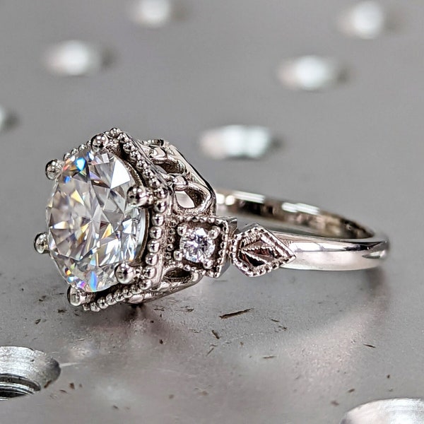 Vintage moissanite engagement ring 14k white gold diamond Art deco wedding ring diamond Vintage Filigree Ring engagement anniversary promise