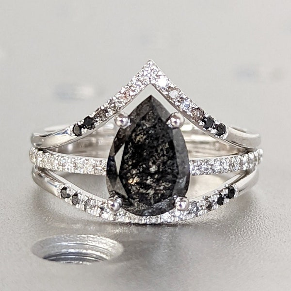 1.5 Carat 1920's Raw Salt and Pepper Diamond, Pear Diamond Ring, Unique Engagement Bridal Set, Black, Gray Pear, 14k Yellow, Rose White Gold