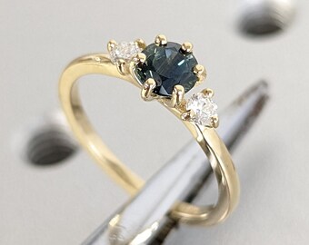 Teal Sapphire Engagement Ring Unique Round Blue Green Sapphire Ring Solid 14k Gold Diamond / Moissanite Wedding Bridal Ring Anniversary Ring