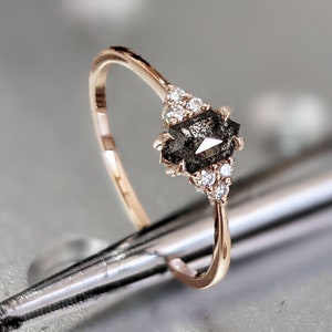 Vintage salt and pepper diamond engagement ring rose gold engagement ring diamond cluster ring wedding Bridal Anniversary Hexagon Cut