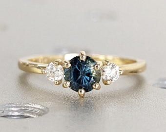 Teal Sapphire Engagement Ring Unique Round Blue Green Sapphire Ring Solid 14k Gold Diamond / Moissanite Wedding Bridal Ring Anniversary Ring
