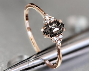 Vintage salt and pepper diamond engagement ring rose gold engagement ring diamond cluster ring wedding Bridal Anniversary Hexagon Cut