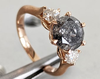 1.5 Carat 1920's Raw Salt and Pepper Diamond, Round Diamond Ring, Unique Engagement Bridal, Black, Gray Pear, 14k Yellow, Rose White Gold