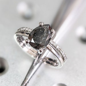 Raw Salt and Pepper Diamond, Rose Cut Pear Diamond Ring, Unique Engagement, Black, Gray Pear, 14k Yellow, Rose, or White Gold