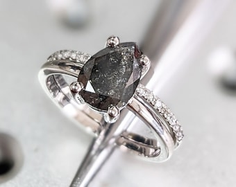 Raw Salt and Pepper Diamond, Rose Cut Pear Diamond Ring, Unique Engagement, Black, Gray Pear, 14k Yellow, Rose, or White Gold