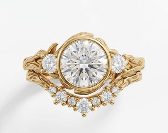 Nature Inspired Ring, Lab Diamond Engagement Ring, Dainty 14k Yellow Gold Bezel Ring, Bridal Jewelry Set, Unique Leaf Ring, Anniversary Ring