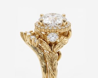 Anillo de compromiso con diseño de naturaleza / Conjunto de alianzas apilables de moissanita con diseño de hojas y enredaderas para mujer / Anillo de boda curvo con diamantes de laboratorio