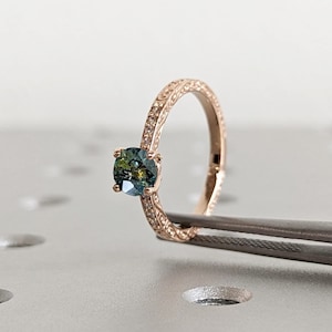 One of a Kind Montana Sapphire Ring, Blue Sapphire Diamond Cluster Ring, Vintage Inspired Blue Sapphire Engagement Ring, 18K Gold Green Teal