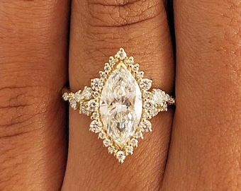 Anello con alone scintillante a forma di stella, anello di fidanzamento con moissanite marquise, anello di fidanzamento con alone in oro giallo 14 carati, anello con alone a grappolo per lei