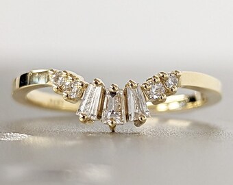 Moissanite Curved wedding band yellow gold chevron band Vintage baguette cut diamond rings Antique stacking band anniversary matching band