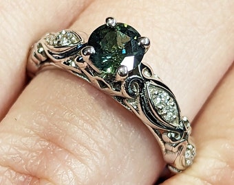 Peacock Sapphire engagement ring vintage round cut dark green sapphire 14k white gold teal sapphire diamond eternity ring two piece ring set