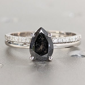 Raw Salt and Pepper Diamond, Rose Cut Pear Diamond Ring, Unique Engagement, Black, Gray Pear, 14k Yellow, Rose, White or Black Gold, Vintage
