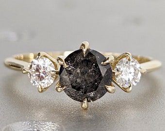 1 Carat 1920's Raw Salt and Pepper Diamond, Round Diamond Ring, Unique Engagement Bridal, Black, Gray Pear, 14k Yellow, Rose White Gold