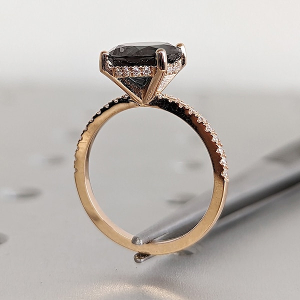 Anillo de compromiso de diamantes redondos clásicos de sal y pimienta de 3 ct, anillo de diamantes de 3 ct, anillo de boda redondo de 4 puntas, anillo de promesa simple, halo oculto