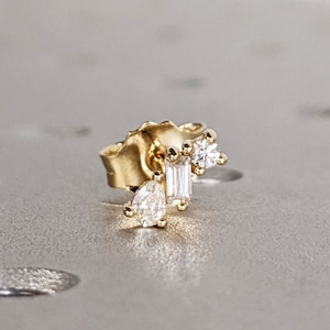 Single (1pc) or Set (Pair) Moissanite Cluster Stud Earrings, Tiny Trio Stones Pear Baguette Round, 14K 18K Gold or Platinum, Minimalist Wear