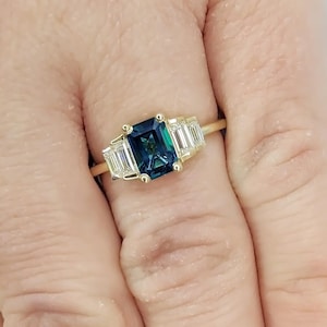 Emerald cut Teal Sapphire Promise Ring | Solid Yellow Gold Engagement Ring | Baguette Lab Diamond Ring | Women Wedding Ring | Gift for Her