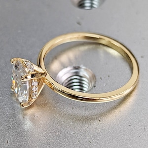 1.5 ct Hidden halo engagement ring, solitaire oval lab diamond ring, Hidden Halo 6x8mm Oval Cut Solitaire Engagement Ring in 14K Yellow gold