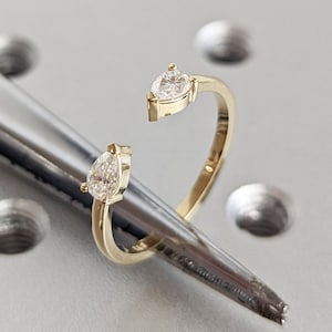 Moissanite Pear Cut Wedding Band, Minimalist Open 14k Gold Ring, Pear Moissanite Two Stone Open Ring, pear Cuff Ring