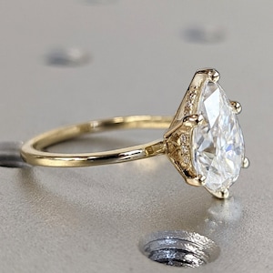 Hidden halo engagement ring, solitaire pear moissanite ring, Hidden Halo Pear Cut Solitaire Engagement Ring in 14K Yellow gold
