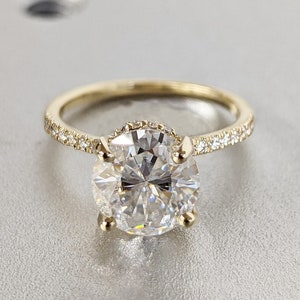 Round Engagement Ring, Round cut Moissanite engagement ring, diamond hidden halo ring, Round Moissanite Ring, Hidden Halo Ring