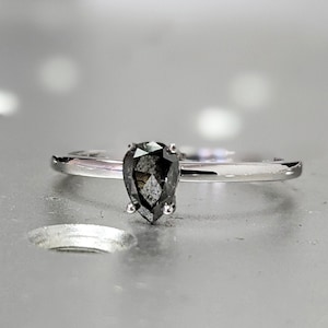 White Gold Raw Salt and Pepper Diamond, Full Cut Pear Diamond Ring, Unique Engagement, Black, Gray Pear, 14k Yellow, Rose, or White Gold