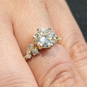 Unique 1.5ct Round Lab Diamond 14K Yellow Gold Engagement Ring | Snowdrift Diamond Cluster 6 prong Proposal Ring | Bridal Jewelry for Women