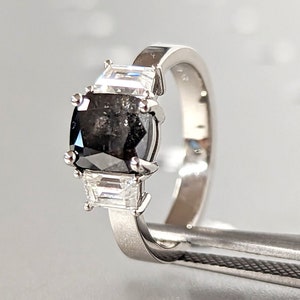 Raw salt and pepper Diamond Engagement Ring, Gold Three Stone cushion cut raw diamond, salt and pepper diamond engagement ring, trinity ring