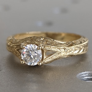 Vintage moissanite engagement ring 14k yellow gold Art deco wedding ring moissanite Vintage Filigree Ring engagement anniversary promise