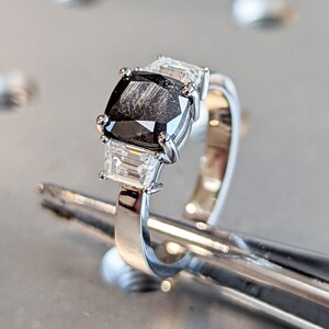 Raw salt and pepper Diamond Engagement Ring, Gold Three Stone cushion cut raw diamond, salt and pepper diamond engagement ring, trinity ring