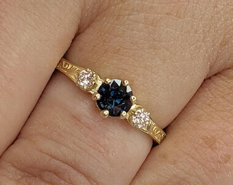 Round Vintage Engagement Ring, One of a Kind Montana Sapphire Ring, Filigree 14k Gold Promise Ring, Moissanite, Teal Sapphire 3 Stone Ring