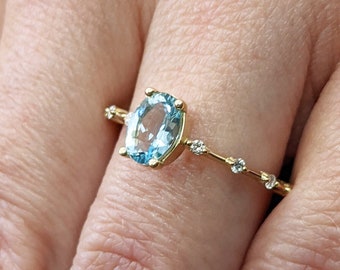 14k Gold Aquamarine Ring | 14k Gold Aquamarine Solitaire Ring | Aquamarine March Birthstone Ring