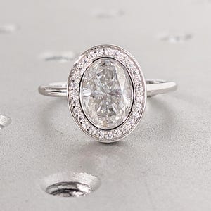 Oval Cut Moissanite Halo Engagement Ring | Bezel Set 14k White Gold Wedding Rings for Women | Solitaire Promise Ring for Her | Gift for Wife