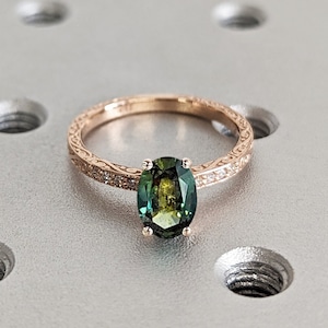 One of a Kind Montana Sapphire Ring, Blue Sapphire Diamond Cluster Ring, Vintage Inspired Blue Sapphire Engagement Ring, 18K Gold Green Teal