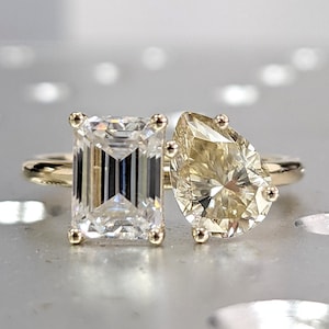 Pear And Emerald Cut Toi Et Moi Moissanite Ring / Yellow Pear Moissanite Engagement Ring / Yellow Gold Anniversary Ring / Two Stone Ring
