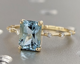 Unique Aquamarine Ring, Elegant Engagement Ring, Blue Promise Ring, 14k Radiant Cut Aquamarine Ring, Anniversary Birthday Gift For Her