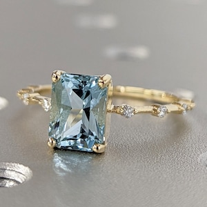 Unique Aquamarine Ring, Elegant Engagement Ring, Blue Promise Ring, 14k Radiant Cut Aquamarine Ring, Anniversary Birthday Gift For Her