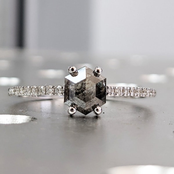 1920's Raw Salt and Pepper Diamond, Hexagon Diamond Ring, Unique Engagement Bridal Set, Black, Gray Hexagon, 14k Yellow, Rose, or White Gold