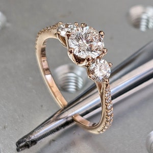 14K Rose Gold 3 Stone Promise Ring For Her, Three Stone Engagement Ring With Side Stones, Simulated Diamond Ring, Past Present Future Ring
