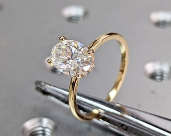1.5 ct. Hidden halo engagement ring, solitaire oval moissanite ring, Hidden Halo 6x8mm Oval Cut Solitaire Engagement Ring in 14K Yellow gold