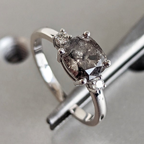 Salt And Pepper Diamond Cushion Ring, Salt And Pepper Diamond Vintage Engagement Ring, Vintage Cushion Ring, Raw Diamond Ring, Raw Cushion