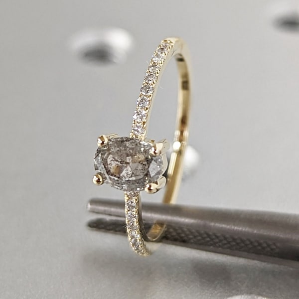 1920's Raw Salt and Pepper Diamond, Oval Diamond Ring, Unique Engagement Bridal Set, Black, Gray Oval, 14k Yellow, Rose, or White Gold