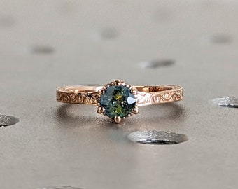 Vintage Engagement Ring Peacock Sapphire Engagement Ring Art Deco Hidden Halo Ring Prong Set Anniversary Unique Ring Hand Carved Filigree