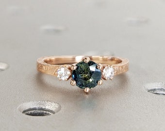 Peacock Sapphire Promise Ring Gold, Round Cut Engagement Dainty Sapphire Ring, Art Deco Ring, Green Gemstone Statement Ring Anniversary Gift